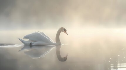 Close up a graceful swan gliding across a misty lake, Generative AI illustrations.