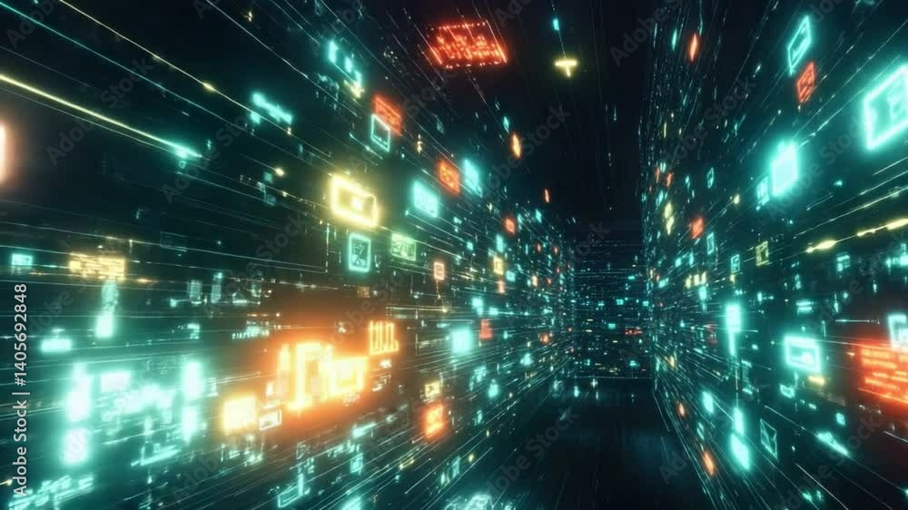 Poster futuristic data flow in a virtual space with neon lights and digital symbols