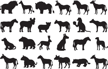 Animal Silhouette Vector Set of Popular Wildlife and Pets, Black Flat Animal Icons – Clean Minimalist Style, Perfect for Logos, Posters, Stickers, and Educational Use vector clipart.