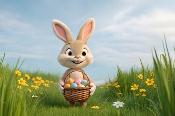 Fototapeta premium Cartoon Brown Rabbit with Easter Egg Basket in Sunny Meadow