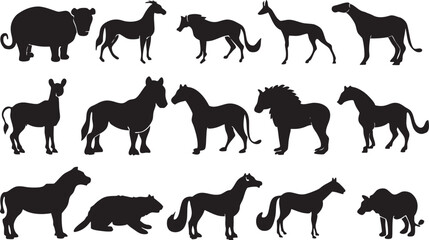 Animal Silhouette Vector Set of Popular Wildlife and Pets, Black Flat Animal Icons – Clean Minimalist Style, Perfect for Logos, Posters, Stickers, and Educational Use vector clipart.