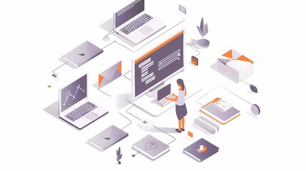 Obraz premium An online business system, young female operator, slightly aerial angle, use pastel colors orange, gray, light purple, Generative AI illustrations.