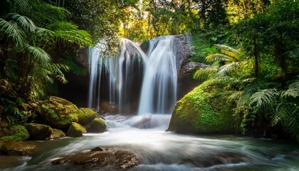 A cascading waterfall in the tropics