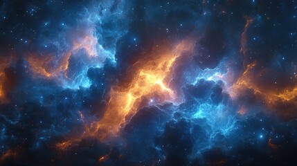Naklejka premium Cosmic swirls of blue and orange hues amidst twinkling stars form a stunning celestial panorama