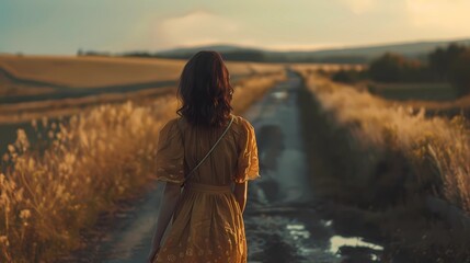 Fototapeta premium A sad music video, emotional, beautiful woman wear a see-thought clothes, movie scene, cinematic, moody tone, ballad Music video, country road background, Generative AI illustrations.
