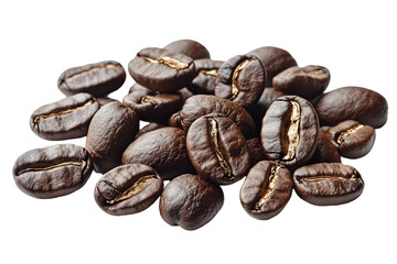 Obraz premium A heap of aromatic brown coffee beans with a ribbed texture against a transparent background
