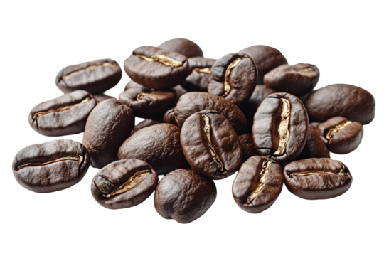A heap of aromatic brown coffee beans with a ribbed texture against a transparent background