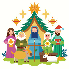 Christmas nativity scene clipart on white background 