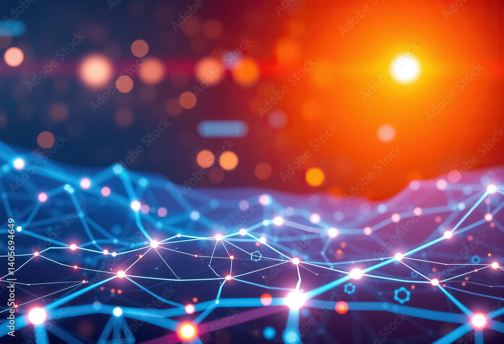 Poster Network of interconnected nodes and lines with orange bokeh effects Modern design technology concept