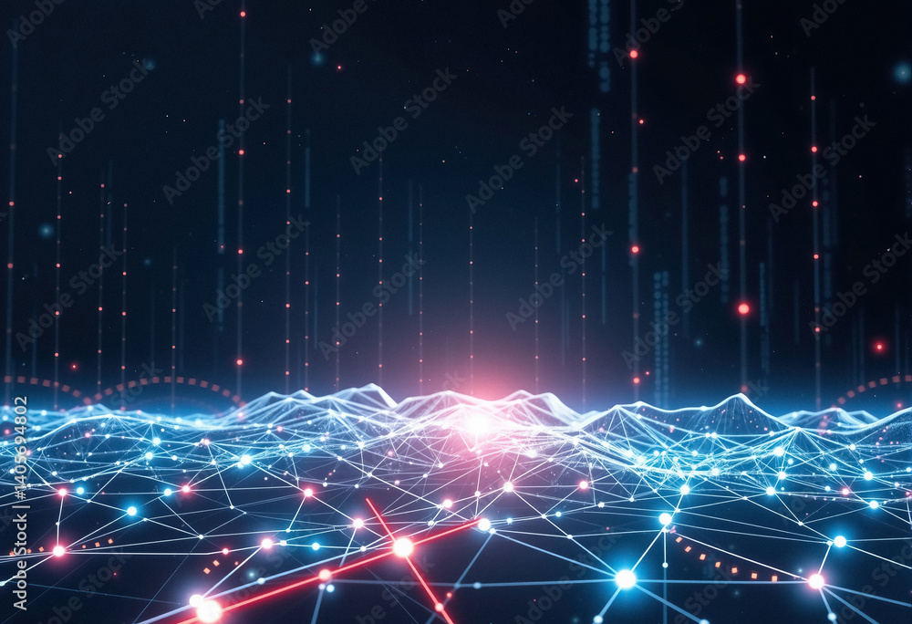 Poster Abstract network with interconnected nodes forming digital landscape and falling data streams