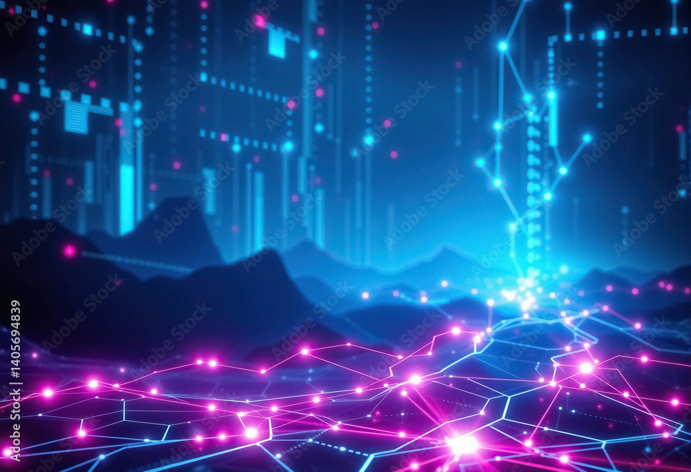 Poster futuristic network landscape with glowing interconnected nodes against backdrop of silhouetted mount