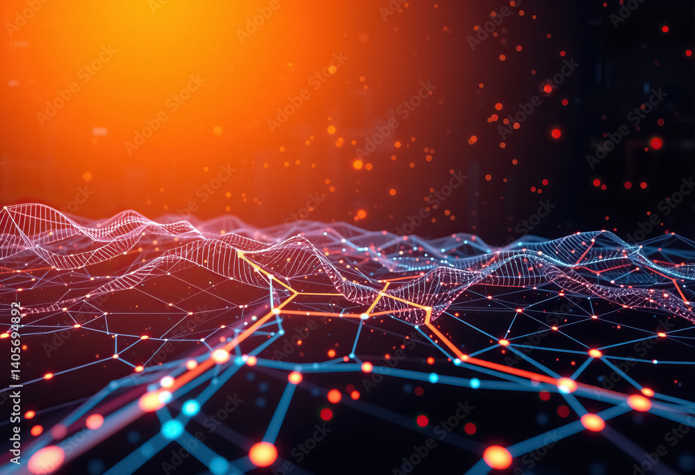 Aufkleber abstract network landscape with digital connections waves and digital structures orange glow