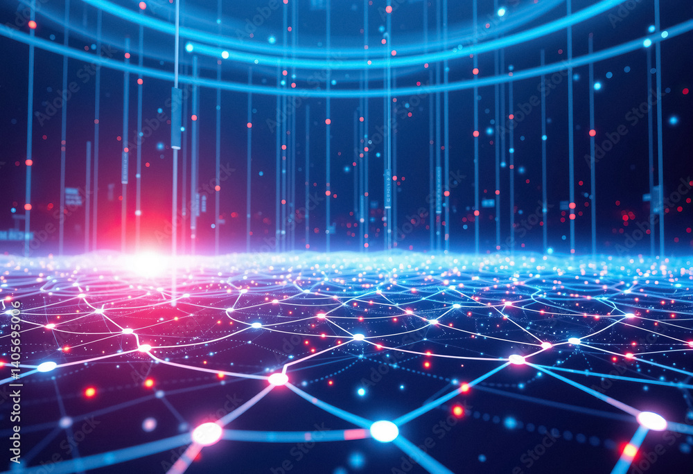 Poster abstract network background featuring interconnected dots and lines in vibrant shades of blue and re