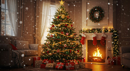 Cozy Christmas Eve: Firelight, Snowfall, & Festive Cheer AI Generated