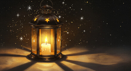 A solitary lantern's gentle glow casting warm light and hope against a dark, starry night, creating a peaceful and magical scene with soft light beams.