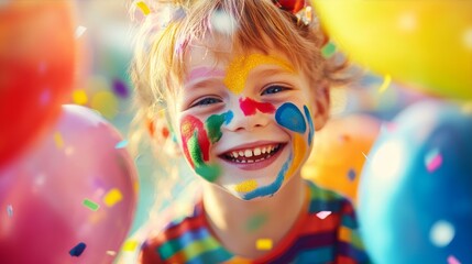A joyful child with colorful face paint and rainbow balloons, celebrating the happiness of International Children's Day