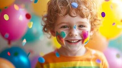 A joyful child with colorful face paint and rainbow balloons, celebrating the happiness of International Children's Day