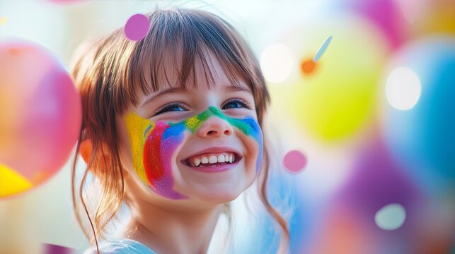 A joyful child with colorful face paint and rainbow balloons, celebrating the happiness of International Children's Day