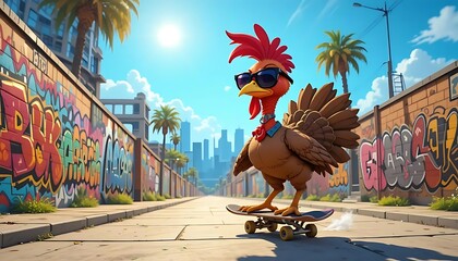 Cool Skateboarding Turkey Cartoon for Funny Thanksgiving Design | A hilarious cartoon of a turkey wearing sunglasses and riding a skateboard, perfect for humorous Thanksgiving graphics, cards