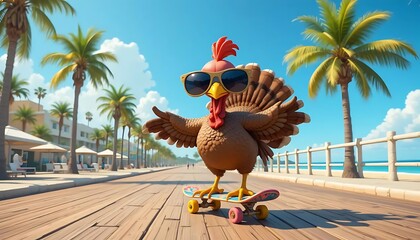 Cool Skateboarding Turkey Cartoon for Funny Thanksgiving Design | A hilarious cartoon of a turkey wearing sunglasses and riding a skateboard, perfect for humorous Thanksgiving graphics, cards