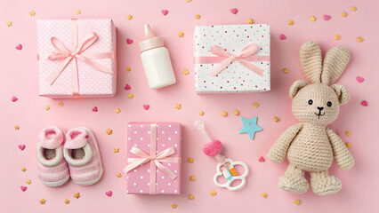 A sweet baby shower celebration with adorable gifts, tiny booties, and a crocheted bunny, all arranged on a delicate pink background sprinkled with confetti.