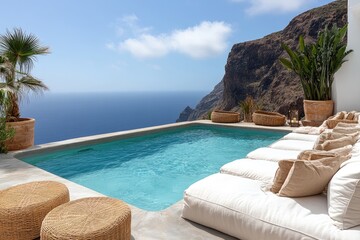 Naklejka premium Pool with view, cliff background, and lounge area. Palm trees and blue ocean