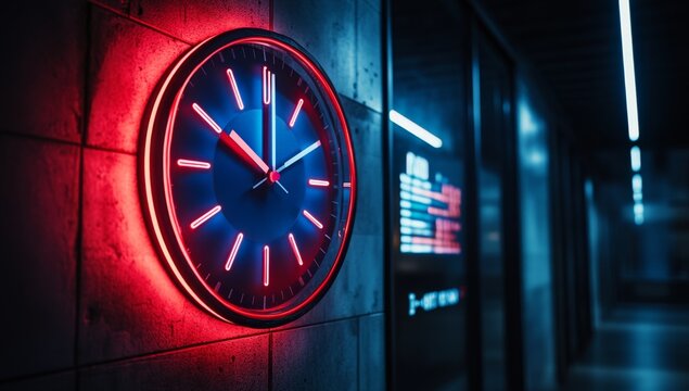 Modern neon clock on a wall in a dark hallway. Time, schedule, and illumination