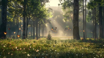 Obraz premium An enchanted forest, beautiful and tall trees, wide meadow and clouds in the background, Generative AI illustrations.