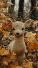 Fawn surrounded by vibrant autumn leaves, creating a warm, cozy, nature inspired scene