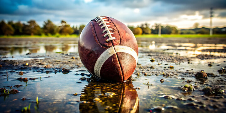 Football on wet muddy field after rainy game - Powered by Adobe