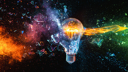 real explosion light bulb releasing colorful energy and glass shards