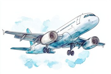 Obraz premium Watercolor Aircraft Illustration. Hand-Drawn Jet Clipart for Summer Travel and Adventure Designs