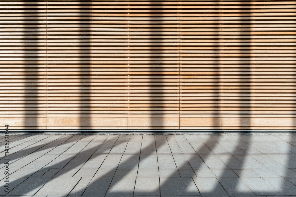 Poster clean lines define a minimalist interior with a wooden slatted wall generating dynamic shadows acros