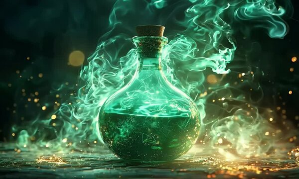 Enchanted glowing green mist swirling around a mysterious potion bottle, magical aura effect