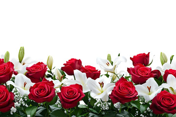 A vibrant floral arrangement featuring red roses and white lilies against a stark transparent background
