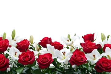 A vibrant floral arrangement featuring red roses and white lilies against a stark transparent background