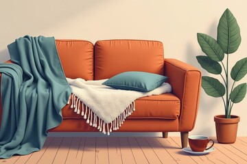 Cozy autumn living room with orange sofa teal accents