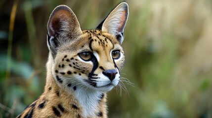 Obraz premium Vigilant Serval: Close-up of an Alert African Carnivore with Prominent Ears