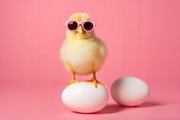 Adorable fluffy chick wearing pink sunglasses perched on a white egg with another egg beside it, set against a vibrant pink background, humorous and fun springtime Easter-themed concept for kids
