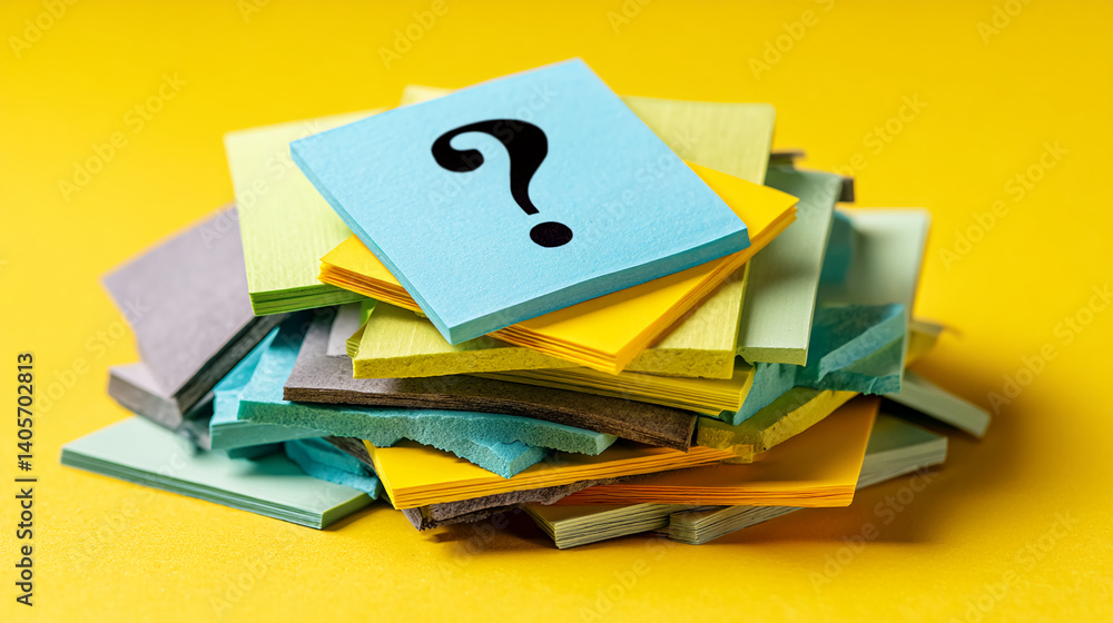 Aufkleber Stack of colorful sticky notes, top note displays a black question mark, symbolizing uncertainty, problem-solving, or brainstorming, ideal for concept related to questions, answers, or FAQ