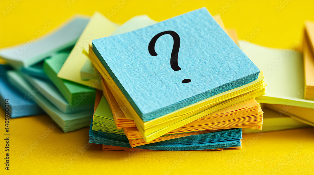 Poster stack of colorful sticky notes, top one blue with black question mark, symbolizes question, query, p