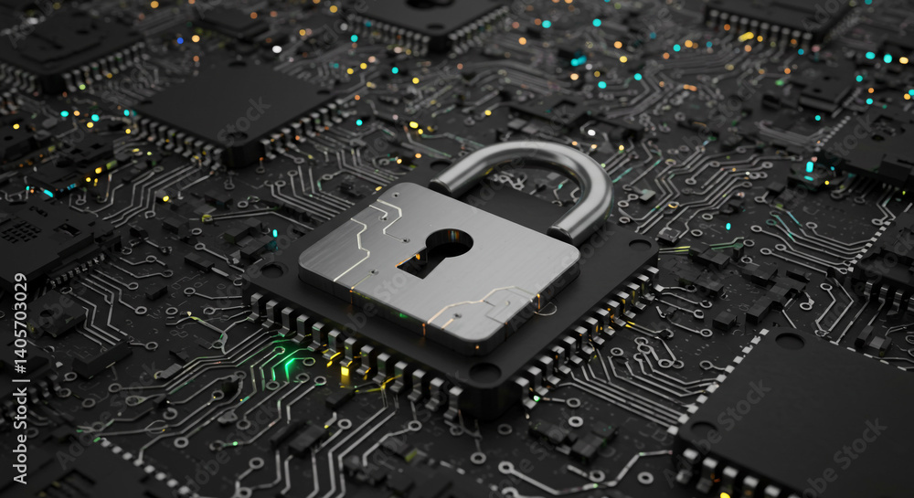 Poster the digital fortress: a gleaming padlock secures a complex circuit board, symbolizing impenetrable d