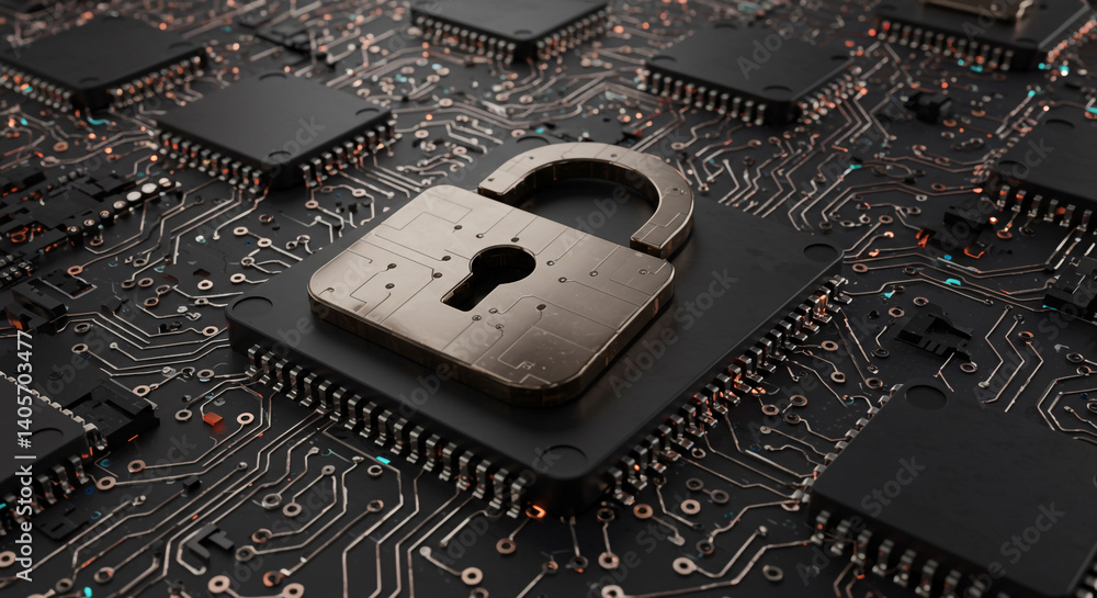 Poster a steadfast lock safeguarding digital secrets amidst a complex circuit board, symbolizing impenetrab