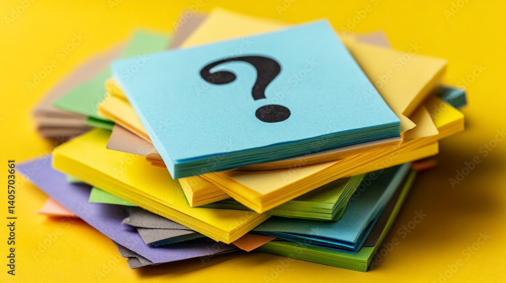 Aufkleber Stack of colorful sticky notes, top note displays a black question mark, suggesting uncertainty, questions, or problem-solving