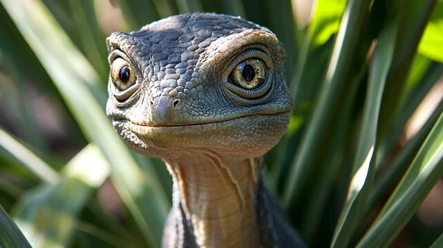 Close-up of a unique reptile with intricate scales and expressive eyes amidst lush green foliage