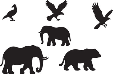 a large collection of silhouettes of animals and birds