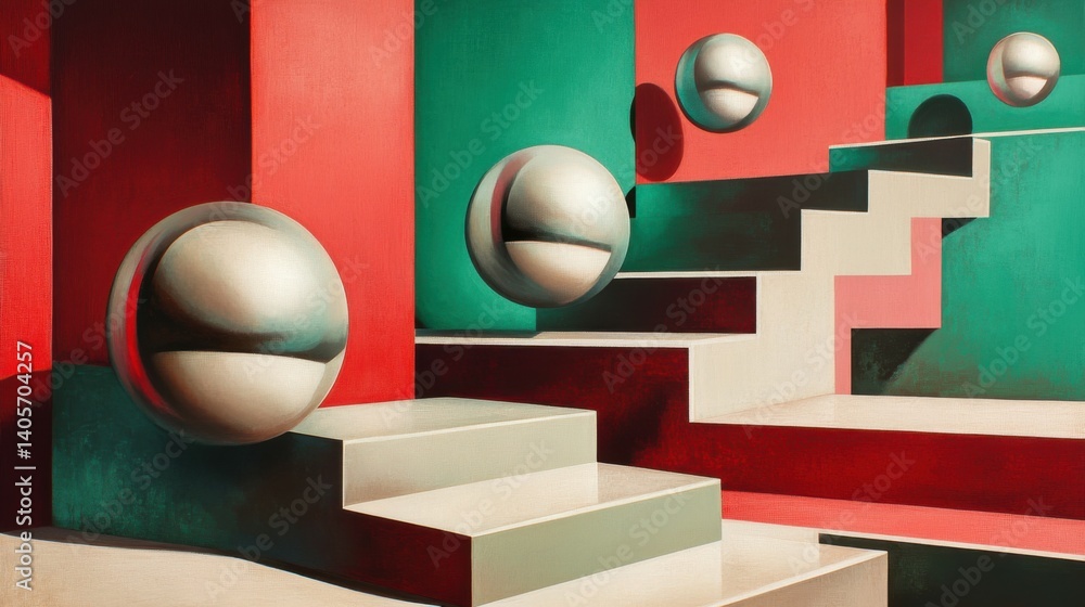 Poster illustration of colorful geometric shapes of smooth and shiny spheres on steps of square platforms a
