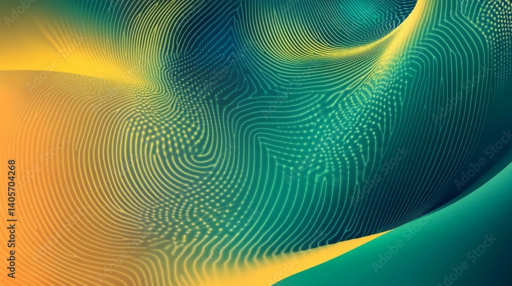 Poster abstract swirling patterns of lines and dots in teal and gold tones