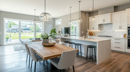 Spacious modern kitchen with dining area and natural light