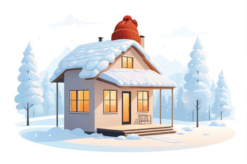 Proper insulation during the cold winter heating season. Cozy house with knitted cap placed on the roof. Energy efficiency and warmth. Save electricity with effective home insulation. vector illustrat